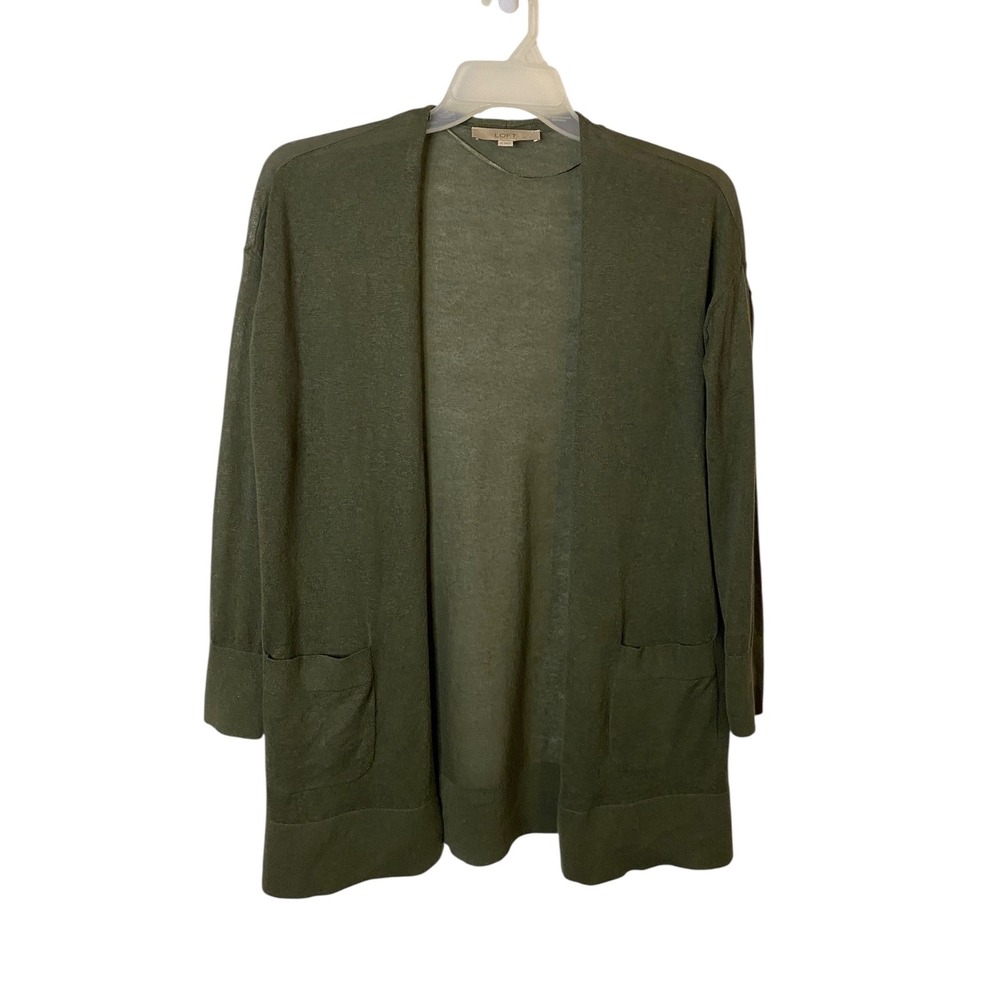 Loft Womens Sage Green Linen Blend Open Front Cardigan Lightweight Pockets S